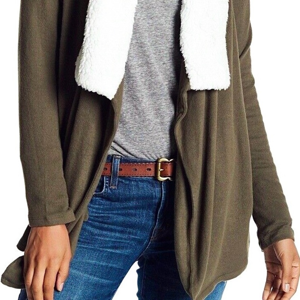 SUSINA Olive Green Faux Fur Trimmed Shawl Collar Draped Open Front Cardigan - Picture 6 of 12